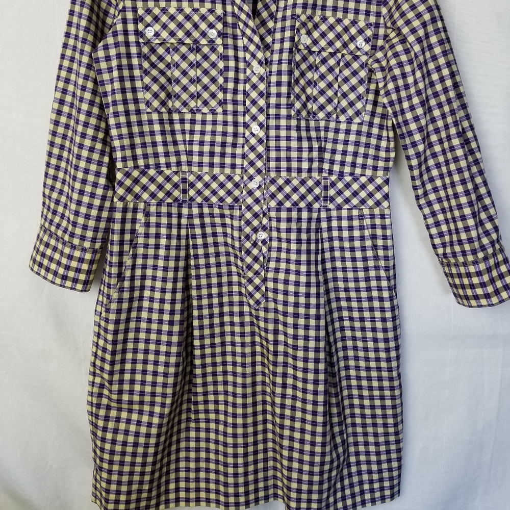 Theory Lidiya Purple Yellow Check Cotton Long Sleeve Shirt Dress Size 6 - Picture 7 of 14